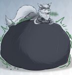 anthro arcanine bow_(bowhuskers) burp_cloud burping digestion fur generation_1_pokemon green_eyes grey_body grey_fur hi_res hyper_stomach lapizacuario looking_down lying male nintendo on_front open_mouth pokemon pokemon_(species) rumbling_stomach solo vore