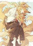  2boys absurdres animal_ears barefoot black_hakama blonde_hair carrying carrying_person closed_eyes colored_tips commentary_request forked_eyebrows fox_boy fox_ears fox_tail hakama highres hug japanese_clothes kemonomimi_mode kimetsu_no_yaiba kimono large_tail long_hair long_sleeves male_focus meremero multicolored_hair multiple_boys multiple_tails red_hair rengoku_kyoujurou rengoku_senjurou socks standing tail translation_request white_socks wide_sleeves 