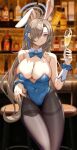  1girl absurdres alcohol animal_ears asuna_(blue_archive) asuna_(bunny)_(blue_archive) bare_shoulders blue_archive blue_eyes blue_leotard blue_ribbon blush breasts brown_pantyhose champagne champagne_flute cleavage cup detached_collar drinking_glass elbow_gloves fake_animal_ears gloves grin hair_over_one_eye hair_ribbon halo highleg highleg_leotard highres large_breasts leotard light_brown_hair long_hair looking_at_viewer luai pantyhose playboy_bunny rabbit_ears ribbon smile solo thighband_pantyhose thighs very_long_hair white_gloves 