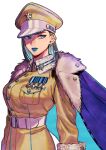  1girl arms_at_sides belt blue_cape blue_eyes blue_hair blue_lips breasts cape closed_mouth earclip earrings from_side fur-trimmed_cape fur_trim hair_behind_ear hat hat_ornament heart highres jacket jewelry large_breasts lipstick long_sleeves looking_at_viewer makeup medal military_uniform okada_(hoooojicha) original peaked_cap sideways_glance solo star_(symbol) star_hat_ornament straight_hair uniform upper_body yellow_headwear yellow_jacket 