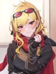  1girl black_sweater blonde_hair blush breasts commentary_request eyewear_on_head highres hololive hololive_indonesia kaela_kovalskia long_hair long_sleeves looking_at_viewer lyr9640ra medium_breasts red-tinted_eyewear red_eyes red_scarf scarf sleeves_past_wrists solo sunglasses sweater tinted_eyewear upper_body virtual_youtuber window 