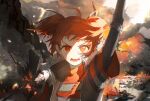  1girl angry arknights arm_up beagle_(arknights) beagle_(dreadnaught)_(arknights) black_jacket chinese_commentary commentary_request fire grey_shirt highres jacket looking_at_viewer mixed-language_commentary monv_ank official_alternate_costume open_mouth orange_eyes orange_hair orange_shirt outdoors shirt shouting smoke solo teeth upper_body wasteland 