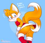 amy_rose anthro balls blue_eyes blush boots butt canid canine cherrypix clothed clothing crossdressing dialogue dipstick_tail english_text footwear fox fur genitals girly gloves handwear hi_res looking_back male mammal markings miles_prower penis sega signature simple_background smile solo sonic_the_hedgehog_(series) tail tail_markings text white_body white_fur yellow_body yellow_fur
