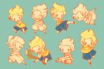  &gt;_&lt; 1boy arms_up blonde_hair blue_background blue_shorts blush_stickers brown_footwear chibi dot_nose hitofutarai holding holding_stick kicking lucas_(mother_3) male_focus mother_(game) mother_3 multiple_views open_mouth shirt short_hair shorts sitting socks solid_oval_eyes stick striped striped_shirt white_socks yellow_shirt 