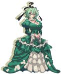  1girl adapted_costume black_headwear breasts cleavage dress frilled_dress frills full_body green_eyes green_hair hat juliet_sleeves large_breasts long_sleeves mmmmatimmmmati ofuda ofuda_on_clothes pixel_art puffy_sleeves short_hair simple_background soga_no_tojiko solo tate_eboshi touhou white_background 