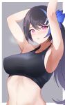  1girl armpits arms_up black_hair blue_hair blush breasts embarrassed gilijim girls&#039;_frontline grey_background hair_ornament hands_up highres jericho_(girls&#039;_frontline) looking_at_viewer mole mole_under_eye multicolored_hair navel parted_lips pink_eyes solo streaked_hair sweat tank_top two-tone_background upper_body white_background 