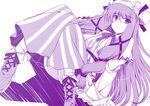  alternate_hairstyle bad_id bad_pixiv_id blush boots bow capelet cross-laced_footwear dress hair_ribbon hat ibuki_pon long_hair long_sleeves looking_at_viewer monochrome panties pantyshot pantyshot_(sitting) patchouli_knowledge purple ribbon simple_background sitting socks solo striped striped_dress touhou underwear very_long_hair white_background 