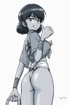  1girl absurdres ass breasts fundoshi girls_und_panzer greyscale grin highres hiyama_yuu_(wee259hiyama) japanese_clothes large_breasts looking_back monochrome short_hair signature simple_background smile solo thumbs_up viridiana_(girls_und_panzer) yamakasa 