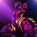 ahoeforcoffee animal_humanoid bulge felid feline glistening glistening_body glowing hi_res hidden_face humanoid latex latex_body low-angle_view male mammal mask muscular muscular_male purple_body solo striped_body stripes worm&#039;s-eye_view