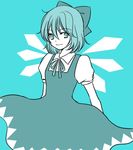  aqua aqua_background bad_id bad_pixiv_id bow cirno dress hair_bow monochrome pinafore_dress simple_background smile solo touhou wings yukinoshita 