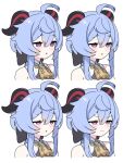  1girl ahoge bare_shoulders bell black_horns blue_hair closed_mouth commentary_request curled_horns dot_nose expressions ganyu_(genshin_impact) genshin_impact hair_between_eyes half-closed_eyes highres horns looking_ahead multiple_views neck_bell open_mouth purple_eyes sidelocks simple_background sleepy solo squinting v-shaped_eyebrows white_background zenshin 