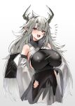  1girl :d arknights armpit_crease black_shirt blush breasts commentary covered_nipples cowboy_shot cropped_legs detached_sleeves fangs gradient_background grey_background grey_hair grey_skirt hair_between_eyes hands_on_own_hips highres horn/wood horns large_breasts long_hair looking_at_viewer matoimaru_(arknights) notice_lines oni oni_horns open_mouth pointy_ears red_eyes shirt short_eyebrows sideboob simple_background skirt smile solo standing taut_clothes teeth very_long_hair wide_sleeves 