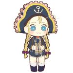  1girl :3 binoculars blonde_hair blue_eyes blue_shirt braid closed_mouth commentary eyelashes full_body hat holding holding_binoculars long_hair low-tied_long_hair patty_fleur pirate_hat shirt simple_background smile solo standing sugara_10 symbol-only_commentary tales_of_(series) tales_of_vesperia twin_braids white_background 