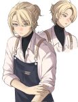  1boy alternate_costume androgynous apron black_shirt blonde_hair blue_apron blue_eyes closed_mouth collared_shirt freckles freminet_(genshin_impact) genshin_impact grey_background half_updo highres long_sleeves looking_at_viewer luminfch male_focus parted_lips shirt short_hair short_ponytail simple_background teeth turtleneck twitter_username white_shirt 