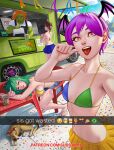  1boy 3girls beach bikini bikini_skirt bikini_top_only blanka brown_hair capcom chair company_connection crossover denim denim_shorts dog drunk eating english_text fangs food_truck green_hair head_wings highres kasugano_sakura lilith_aensland middle_finger morrigan_aensland multiple_girls orange_hair purple_hair selfie short_shorts shorts skewer smile street_fighter suddakka swimsuit table vampire_(game) wings 