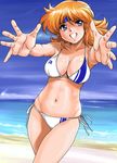  beach bikini blonde_hair blue_eyes breasts cleavage day headband large_breasts lune_zoldark midriff orange_hair outdoors shiny shiny_skin shu-z side-tie_bikini solo super_robot_wars super_robot_wars_original_generation super_robot_wars_the_lord_of_elemental swimsuit 