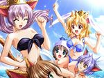  animal_ears bikini bunny_ears carrying closed_eyes crown day fuua_(mugyutto!) game_cg leopard_ears long_hair mimi_(mugyutto!) mugyutto!_pet_maid multiple_girls ngo non-web_source ponytail purple_hair rinne_(mugyutto!) shian_(mugyutto!) splashing swimsuit tail water 