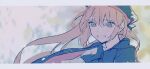  1girl artoria_caster_(fate) artoria_caster_(second_ascension)_(fate) artoria_pendragon_(fate) blurry bow bowtie cape depth_of_field fate/grand_order fate_(series) green_eyes grin hair_between_eyes hat letterboxed long_hair looking_at_viewer muted_color portrait sketch smile solo sosotemuyo wind 