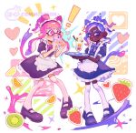  ! +_+ 2girls anger_vein apron black_dress black_footwear commentary commission cup dark-skinned_female dark_skin dress ear_piercing english_commentary food frilled_dress frills fruit full_body heart highres holding holding_phone holding_plate inkling inkling_girl kiwi_(fruit) long_hair maid_apron maid_headdress medium_hair multiple_girls notice_lines octoling octoling_girl parted_lips phone piercing pink_eyes pink_hair plate pointy_ears purple_eyes purple_hair sparkle splatoon_(series) splatoon_3 standing strawberry teeth tentacle_hair thighhighs tokkibada watermark white_background white_thighhighs 