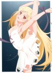  1girl armpits arms_up black_ribbon blonde_hair blush breasts brown_eyes dress gesugesu_ahoaho kiss-shot_acerola-orion_heart-under-blade leg_up long_hair looking_at_viewer monogatari_(series) open_mouth oshino_shinobu ribbon sleeveless sleeveless_dress small_breasts smile solo split standing standing_on_one_leg standing_split white_dress wrist_ribbon 