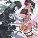  2girls angewomon armpits bare_shoulders belt bleeding blonde_hair blood blood_from_mouth breasts chain chained claws clothing_cutout colored_skin commentary_request covered_eyes digimon digimon_(creature) futa_yuri_ryona grabbing_another&#039;s_hair grey_hair grey_skin ladydevimon large_breasts long_arms long_hair multiple_girls o-ring red_eyes removing_bra restrained revealing_clothes ribbon smirk stomach_cutout torn_clothes 