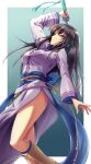  1girl :o aqua_background black_hair boots border breasts brown_eyes brown_footwear collared_shirt commentary_request feet_out_of_frame fire_emblem fire_emblem:_the_blazing_blade gradient_background highres holding holding_sword holding_weapon karla_(fire_emblem) large_breasts legs long_hair minamonochaba open_mouth outside_border purple_shirt shirt side_slit sleeves_past_wrists solo standing standing_on_one_leg sword weapon white_border 