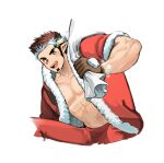  1boy abs bara blush brown_hair christmas cropped_legs facial_hair g029off goatee highres large_pectorals leaning_to_the_side long_sideburns looking_at_viewer male_focus multicolored_hair muscular muscular_male pectoral_cleavage pectorals pointy_ears santa_costume short_hair sideburns smile snowflakes solo tokyo_afterschool_summoners tomte_(housamo) two-tone_beard two-tone_hair white_hair 