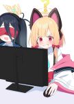  2girls ? absurdres animal_ear_headphones animal_ears aris_(blue_archive) black_hair blindfold blonde_hair blue_archive blue_necktie blush bow cat_ear_headphones clenched_teeth fake_animal_ears hair_bow halo headphones highres long_hair momoi_(blue_archive) monitor mouse_(computer) multiple_girls necktie open_mouth qusouzu_mogari red_bow red_eyes shirt short_hair teeth upper_teeth_only white_shirt yellow_halo 
