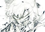  1girl bow cirno close-up commentary_request greyscale hair_bow looking_at_viewer monochrome short_hair signature simple_background sketch solo spacezin teeth touhou v-shaped_eyes 
