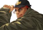  1boy adjusting_clothes adjusting_headwear bara baseball_cap cheekbones dark-skinned_male dark_skin facial_hair glasses goatee hat highres jacket kansuke_(kansuke_717) licking_lips live_a_hero looking_at_viewer male_focus mature_male mustache_stubble opaque_glasses partially_opaque_glasses polaris_mask_(live_a_hero) seductive_smile short_hair sleeves_past_wrists smile solo sunglasses thick_eyebrows tongue tongue_out upper_body 