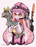  1girl artist_name blush commentary_request gloves helmet highres horrorboros hsk8tori inkling inkling_girl lifebuoy long_hair open_mouth pink_hair red_eyes rubber_gloves salmon_run_(splatoon) simple_background smile solo splatoon_(series) splatoon_3 standing swim_ring tentacle_hair thick_eyebrows twitter_username very_long_hair white_background white_glvoes 