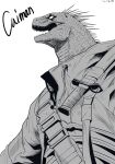  1boy absurdres caiman_(dorohedoro) character_name combat_knife dorohedoro drawstring facial_mark furry furry_male gegegekman greyscale highres jacket knife knife_sheath lizardman male_focus monochrome nostrils open_mouth reptile_boy scales sharp_teeth sheath sheathed signature snap-fit_buckle solo spikes tactical_clothes teeth upper_body weapon white_background 