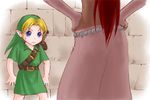  1girl age_difference artist_request blonde_hair blue_eyes gerudo gloves link long_hair nabooru no_pants pointy_ears red_hair skirt sword the_legend_of_zelda the_legend_of_zelda:_ocarina_of_time tunic weapon you_gonna_get_raped young_link 