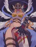  2girls angel_wings angewomon asymmetrical_clothes blonde_hair blood breasts claws clothing_cutout colored_skin commentary_request covered_eyes demon_girl digimon fingering futa_yuri_ryona grey_skin head_wings highres ladydevimon leg_belt long_hair medium_breasts multiple_girls o-ring revealing_clothes ribbon ryona stomach_cutout wings yuri 