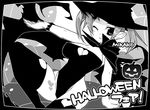  ;p bad_id bad_pixiv_id cape cleavage_cutout copyright_request greyscale halloween hat heart jack-o'-lantern kotamaru_(pajama_soft) monochrome one_eye_closed pumpkin short_hair solo thighhighs tongue tongue_out witch_hat 