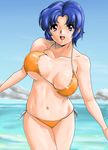  bikini blue_hair bouncing_breasts breasts day kusuha_mizuha large_breasts shiny shiny_skin short_hair shu-z solo super_robot_wars swimsuit 