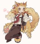  1boy absurdres animal_ears animal_feet animal_hands blonde_hair body_fur brown_pants claws collared_shirt colored_tips fang forked_eyebrows full_body highres kemonomimi_mode kimetsu_no_yaiba long_hair long_sleeves looking_at_viewer male_focus meremero multicolored_hair necktie open_mouth pants red_hair red_necktie rengoku_kyoujurou shirt simple_background smile solo standing standing_on_one_leg tail white_background white_shirt yellow_eyes yellow_fur 