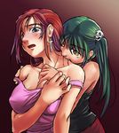  biting blood blood_sucking blue_eyes breasts copyright_request covered_nipples cross earrings green_hair jewelry large_breasts man_(trance) multiple_girls neck_biting skull vampire yellow_eyes 