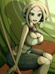  1girl absurdres bare_arms bare_shoulders blonde_hair breasts capri_pants green_eyes green_pants highres large_breasts mezian midriff pants parted_bangs pokemon pokemon_xy shirt short_hair sitting sleeveless sleeveless_shirt solo viola_(pokemon) white_shirt 