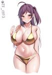  1girl ahoge bikini blush breasts collarbone gold_bikini hagikaze_(kancolle) highres huge_breasts kantai_collection large_breasts long_hair looking_at_viewer navel one_side_up purple_hair shiny_swimsuit simple_background smile solo swimsuit tf_cafe twitter_username white_background yellow_eyes 