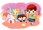  3boys backpack bag baseball_cap black_hair blonde_hair blue_shorts blush blush_stickers border brown_bag chibi doseisan full_body hat hitofutarai house lucas_(mother_3) magicant male_focus mother_(game) mother_1 mother_2 mother_3 multiple_boys ness_(mother_2) ninten pixels red_headwear shirt short_hair shorts sideways_hat solid_oval_eyes striped striped_shirt tombstone ufo white_border 