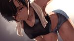  1girl alpha-type arm_up bent_over black_hair black_tank_top breasts brown_eyes collarbone commentary_request exercise gradient_background hand_in_own_hair highres large_breasts lips looking_at_viewer messy_hair midriff mikasa_ackerman muscular muscular_female parted_lips shingeki_no_kyojin short_hair shorts simple_background solo steam steaming_body sweat tank_top thighs towel towel_around_neck very_sweaty 