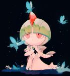  artist_name black_background bug butterfly closed_mouth colored_skin flower green_hair highres on_grass pokemon pokemon_(creature) ralts red_eyes su_(sajo_su5) twitter_username white_flower white_skin 