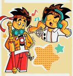  bandana blue_headphones blush charm_(object) chinese_text colored_skin eighth_note headphones keychain lego m4carunes mk_(monkie_kid) monkie_kid musical_note open_mouth pants red_pants smile spiked_hair staff star_(symbol) upper_body yellow_background yellow_skin 