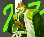  1boy absurdres animal_ear_fluff animal_ears armor black_kimono bleach bow clenched_teeth closed_mouth coat cowboy_shot fighting_stance from_side furry furry_male green_theme grey_background hand_up haori hieumay highres japanese_clothes kimono komamura_sajin layered_clothes long_sleeves looking_to_the_side male_focus number_background pauldrons ready_to_draw sharp_teeth shinigami shoulder_armor simple_background snout solo standing taichou_haori teeth two-tone_background wide_sleeves wolf_boy wrist_guards yellow_eyes zanpakutou 