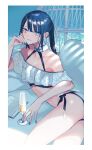  1girl aqua_nails bare_shoulders bikini blue_eyes blue_hair book border breasts champagne_flute closed_mouth couch cup drinking_glass earrings fate/grand_order fate_(series) hair_ribbon halterneck hand_on_own_cheek hand_on_own_face jewelry jing_ke_(fate) jing_ke_(water_shine)_(fate) kanitama_(putyourhead) light_smile long_hair looking_at_viewer lying off-shoulder_bikini off_shoulder on_couch on_side ponytail ribbon side-tie_bikini_bottom signature small_breasts solo swimsuit thighs twisted_torso white_bikini white_border white_ribbon 