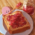  bread bread_slice food food_focus holding holding_spoon jam jar kirby kirby_(series) miclot no_humans plate smile spoon table toast wooden_table 