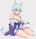  1girl absurdres alternate_costume animal_ears bare_legs blue_eyes blush breasts cleavage collarbone commentary_request grey_hair hair_ornament hakutaqanta highres horse_ears horse_tail looking_at_viewer medium_breasts seiun_sky_(umamusume) simple_background sitting solo sweat tail thighs umamusume white_background 