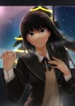  1girl amagami ayatsuji_tsukasa black_bow black_bowtie black_eyes black_hair black_jacket blunt_bangs blurry blurry_background bow bowtie breath brown_sweater_vest christmas_tree closed_mouth commentary depth_of_field dress_shirt garland_(decoration) hand_on_own_chest hands_up head_tilt highres indoors jacket kibito_high_school_uniform long_hair looking_at_viewer night open_clothes open_jacket pine_tree school_uniform shirt sky smile solo star_(sky) starry_sky sweater_vest tree upper_body white_shirt window yoo_tenchi 