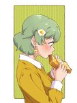  1girl biting bread bread_slice butter earrings eating edomon-do food food-themed_earrings food-themed_hair_ornament fried_egg from_side green_background green_hair hair_ornament hairclip highres jewelry long_sleeves looking_down mona_lisa_no_zaregoto shirt short_hair solo toast upper_body wasabi_(mona_lisa_no_zaregoto) white_background yellow_shirt 